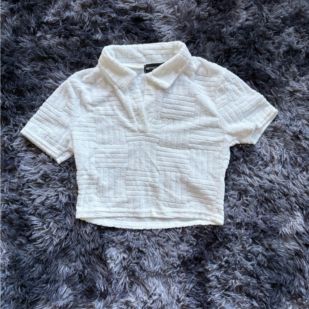 PrettyLittleThing Petite White Terry Cloth Polo Crop Top Athleisure Top- Size 6